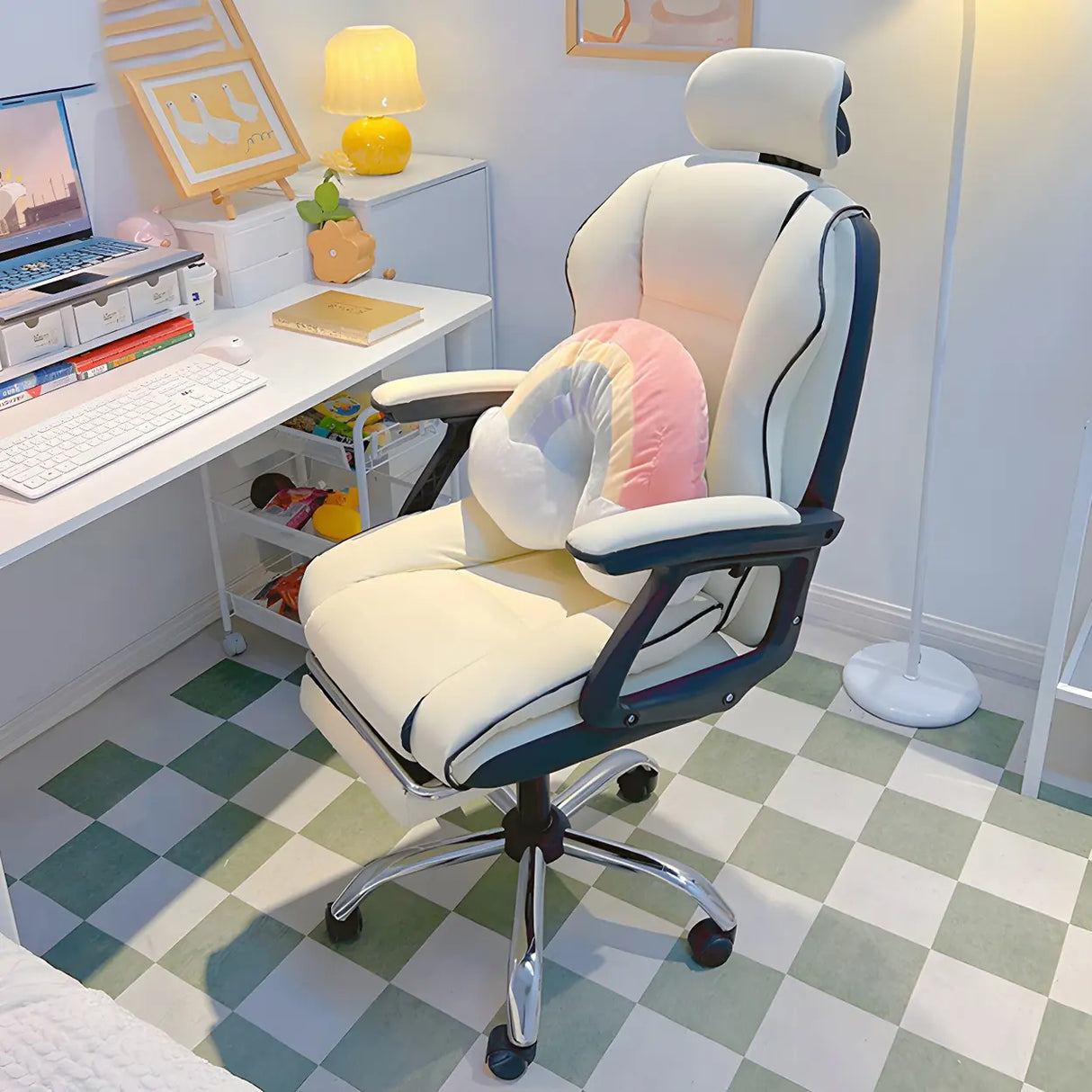 White Recliner Ergonomic Leather High-Back Gaming Chair Image - 8