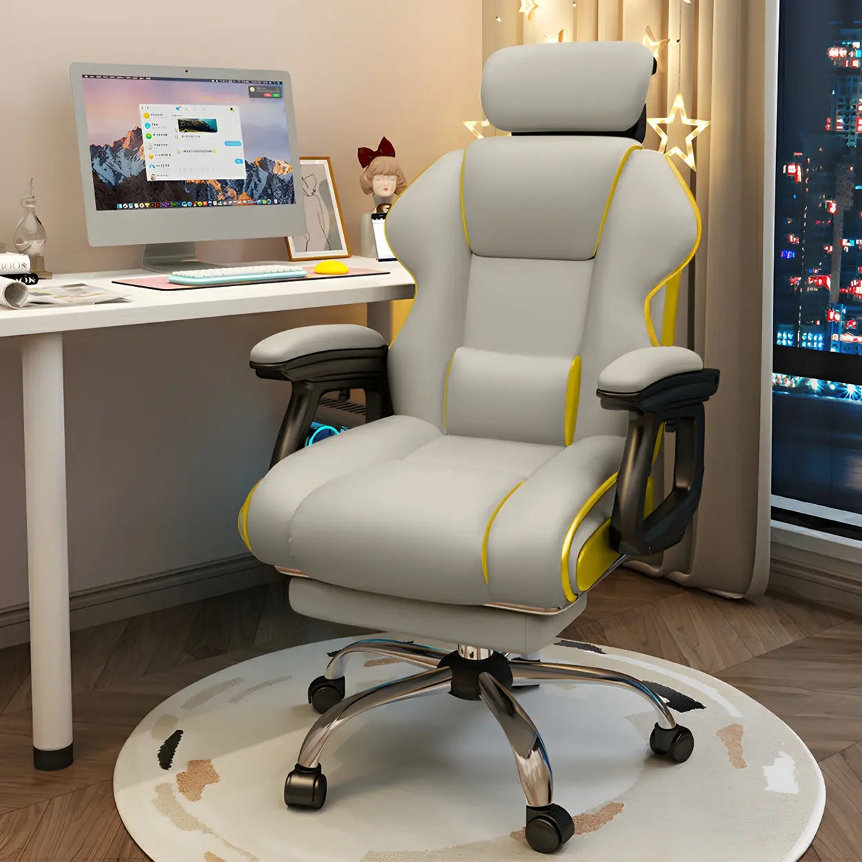 White Recliner Ergonomic Leather High-Back Gaming Chair Image - 9
