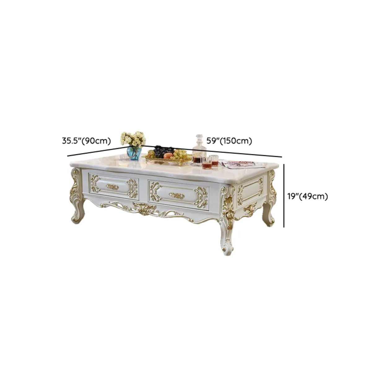 White Rectangle Carving Marble Storage Coffee Table Image - 11