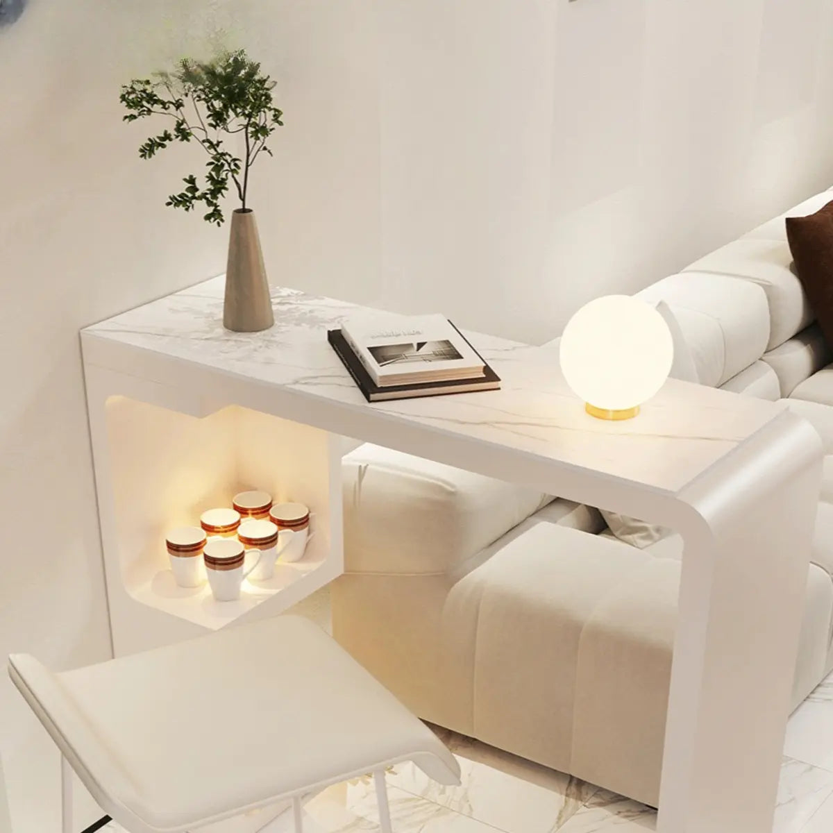 White Rectangle Marble MDF Console Bar Table with Shelf Image - 8