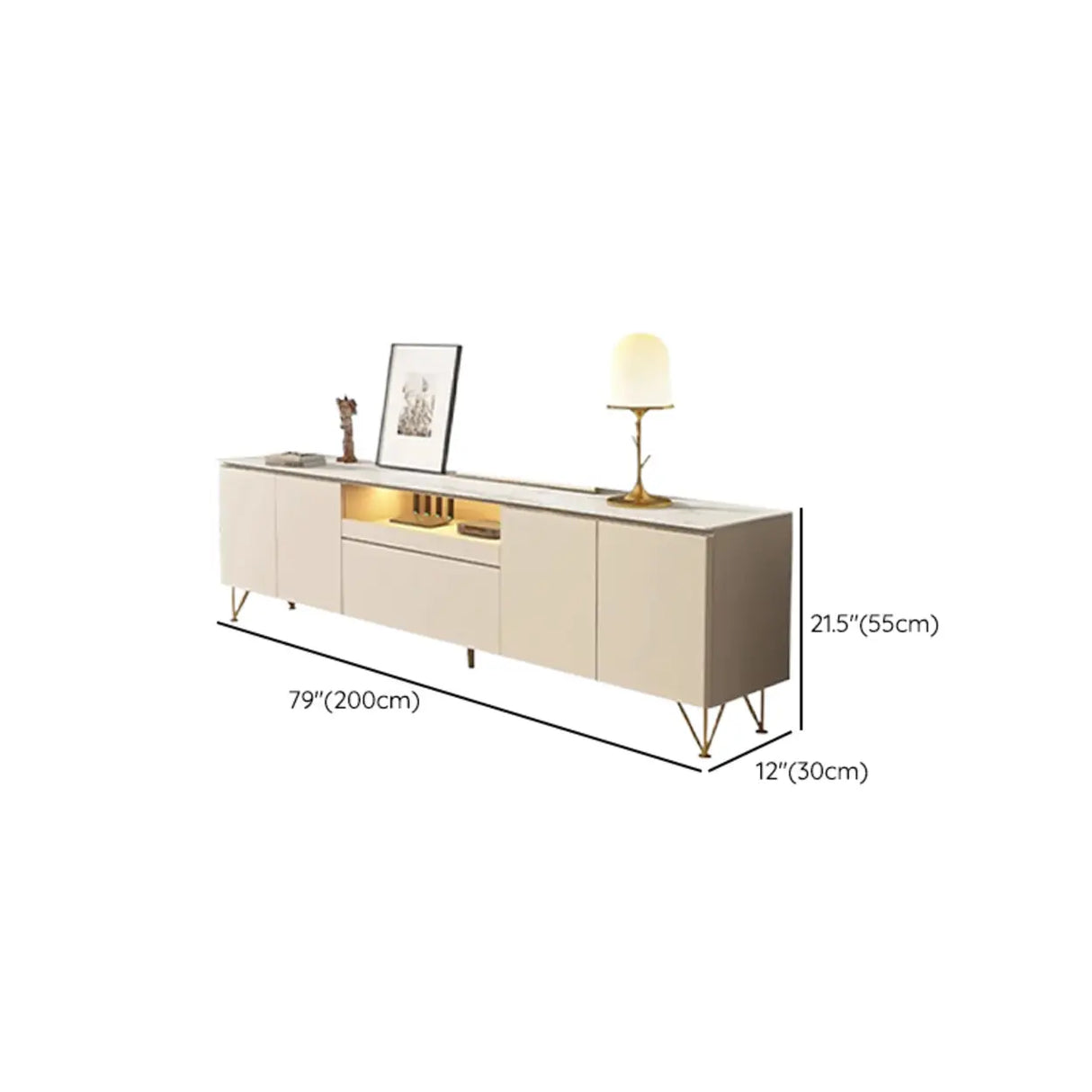White Rectangle Open Storage Cabinet Stone TV Stand Image - 22