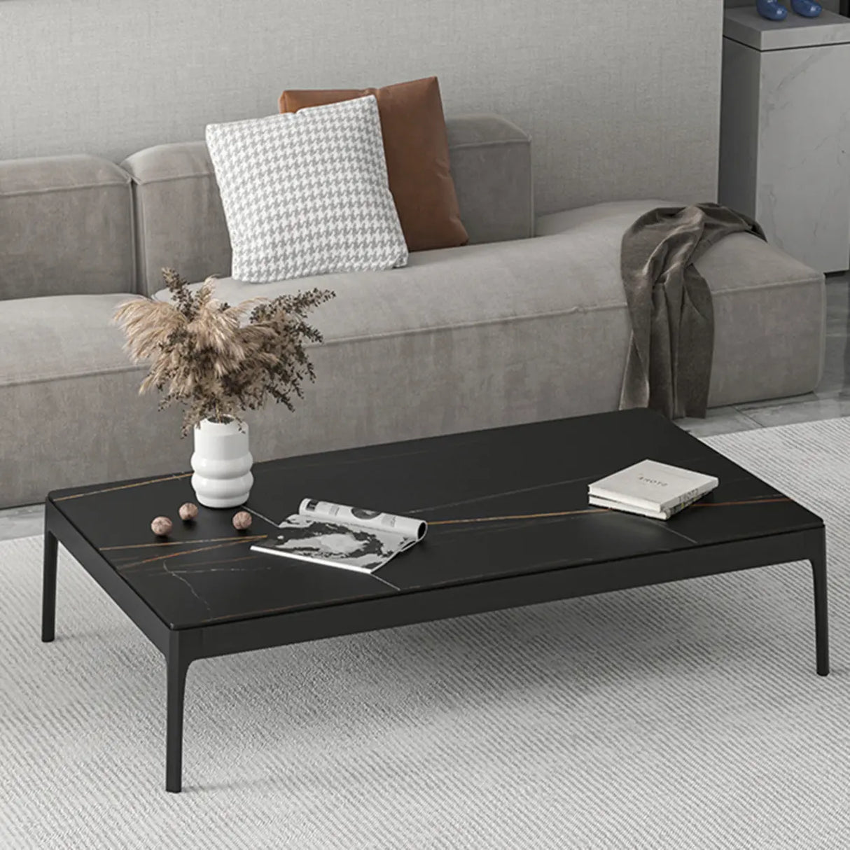 White Rectangle Stone Top Ash Base Single Coffee Table Image - 13