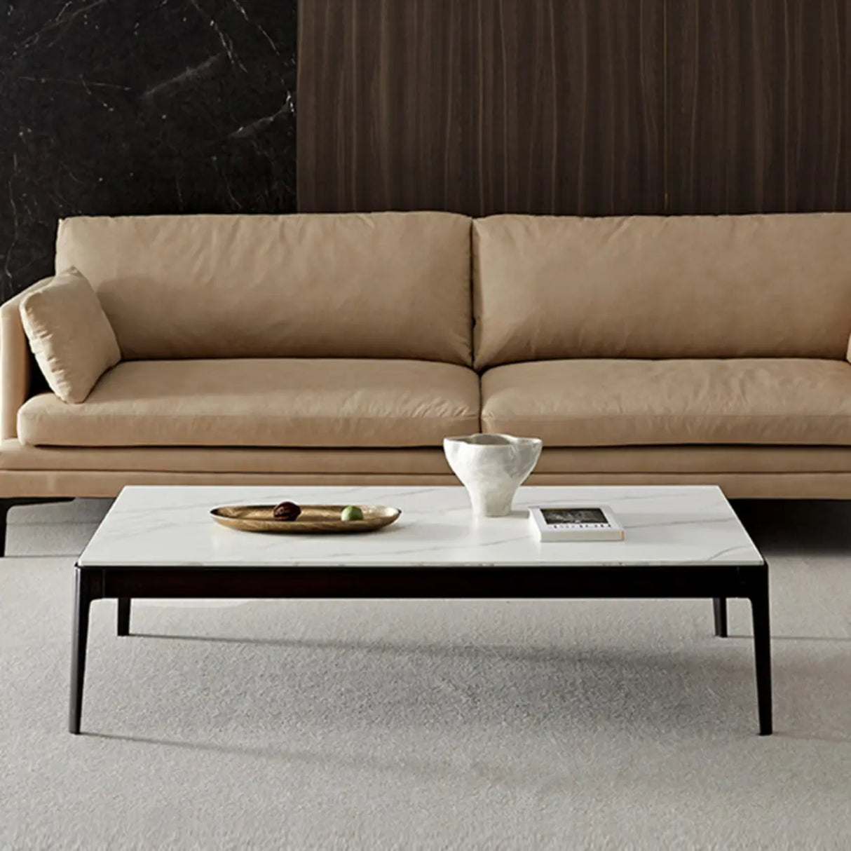 White Rectangle Stone Top Ash Base Single Coffee Table Image - 6