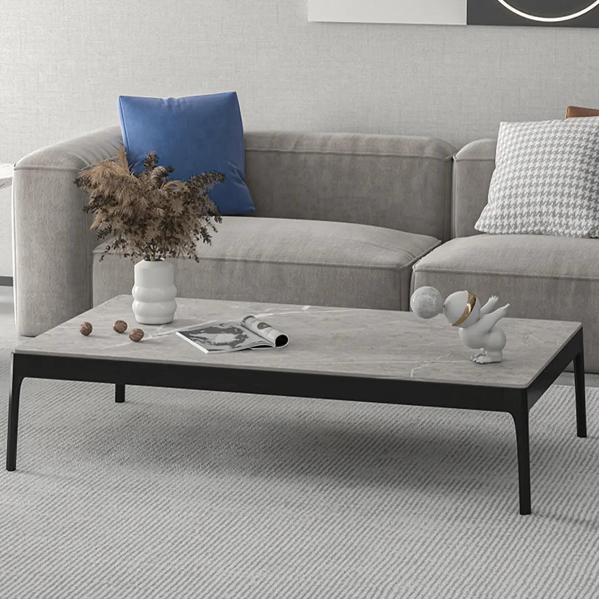 White Rectangle Stone Top Ash Base Single Coffee Table Image - 7