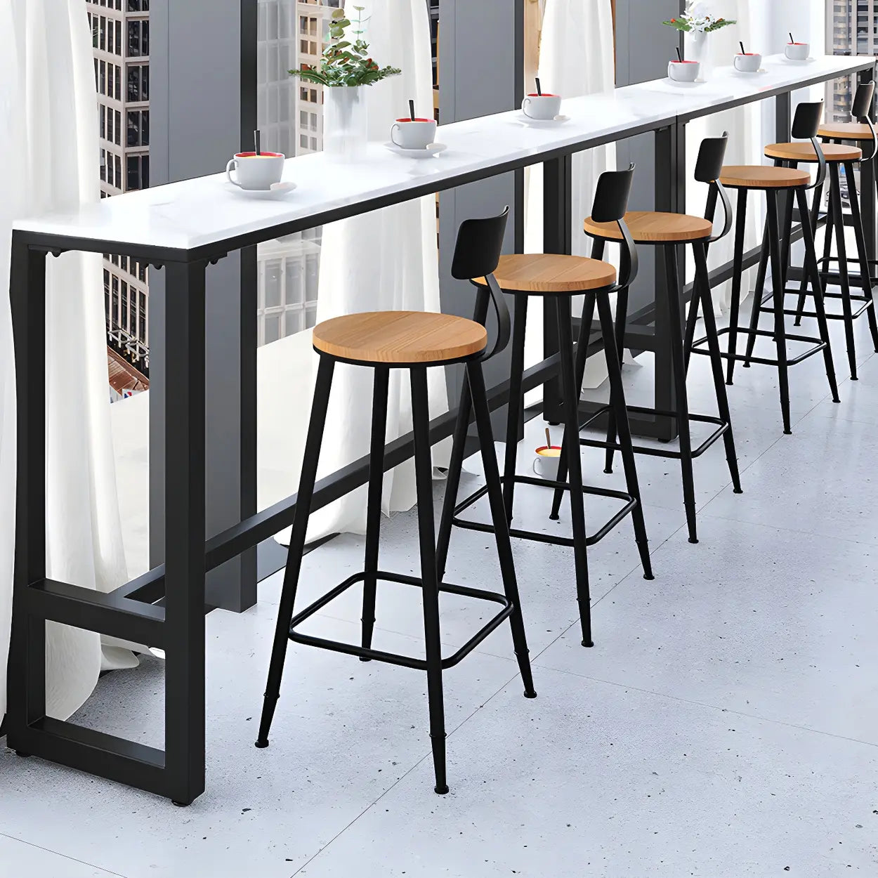 White Rectangular Long Tall Iron Marble Bistro Bar Table Image - 3