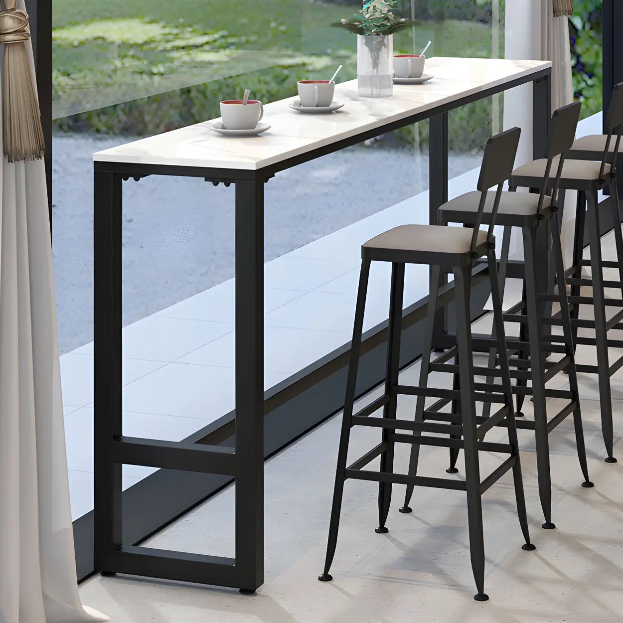 White Rectangular Long Tall Iron Marble Bistro Bar Table Image - 4