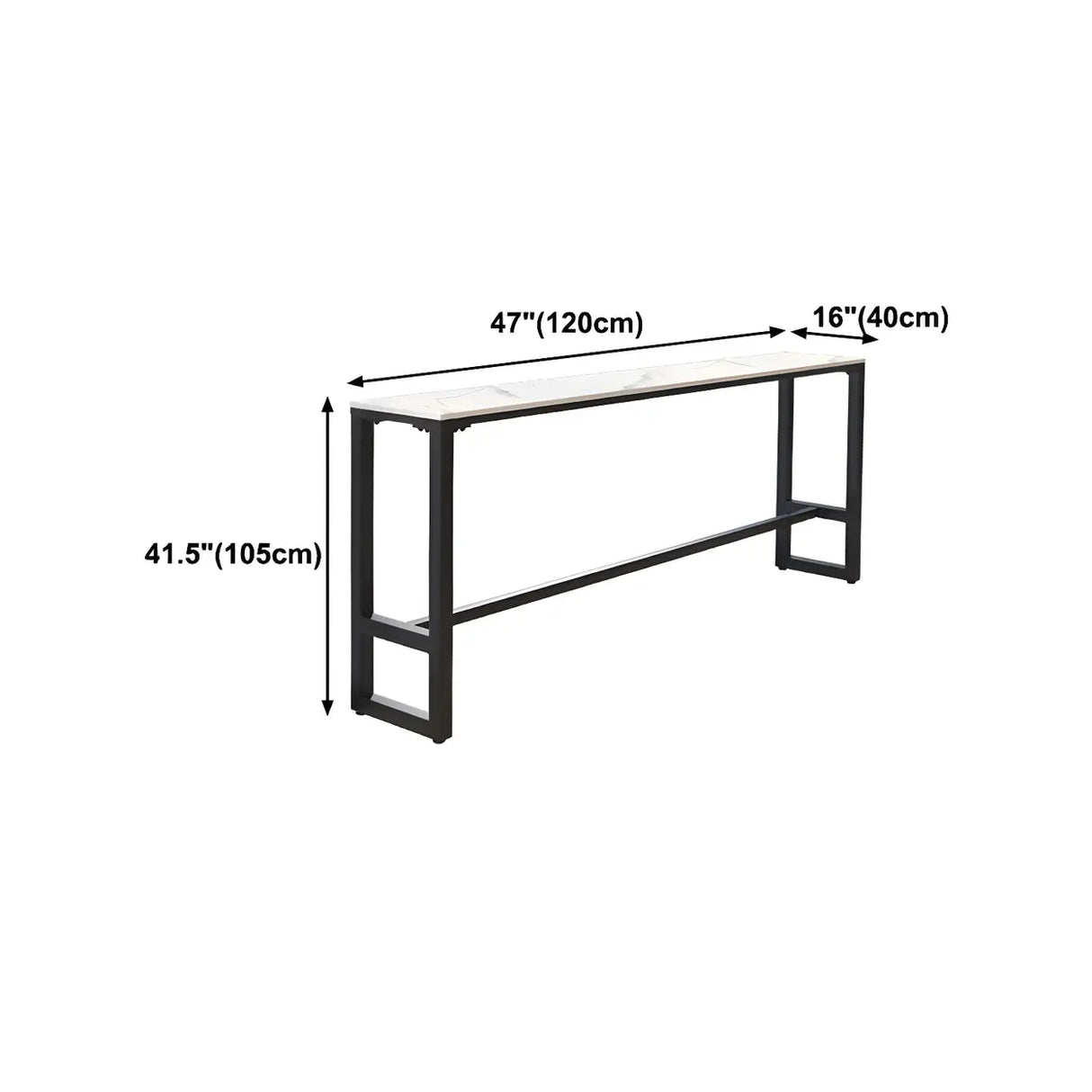 White Rectangular Long Tall Iron Marble Bistro Bar Table 