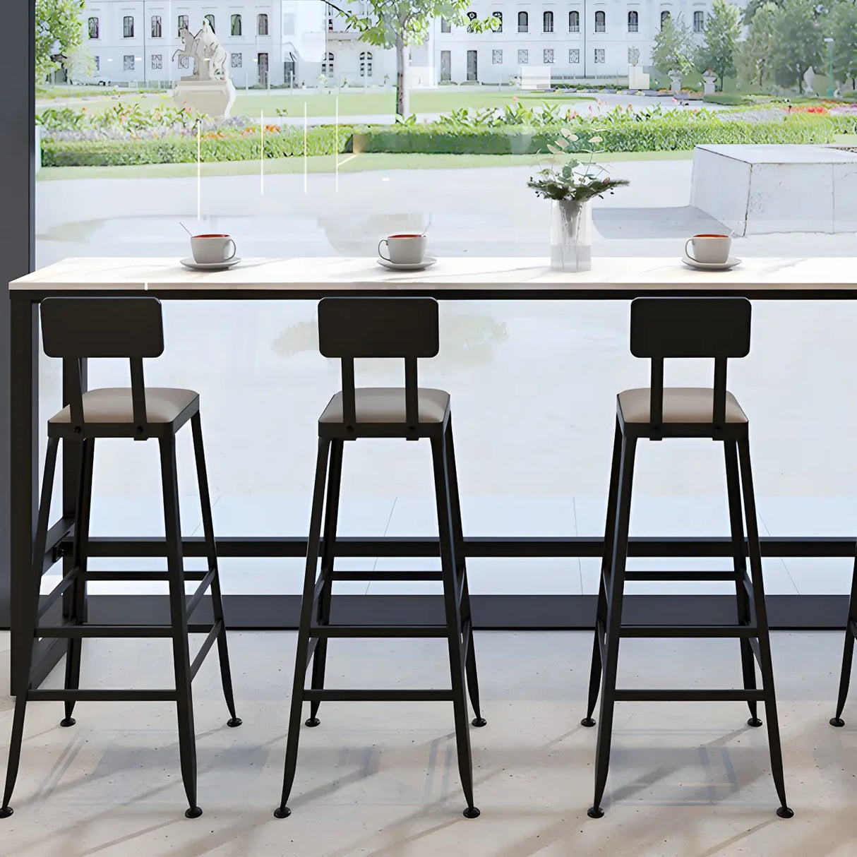 White Rectangular Long Tall Iron Marble Bistro Bar Table Image - 6