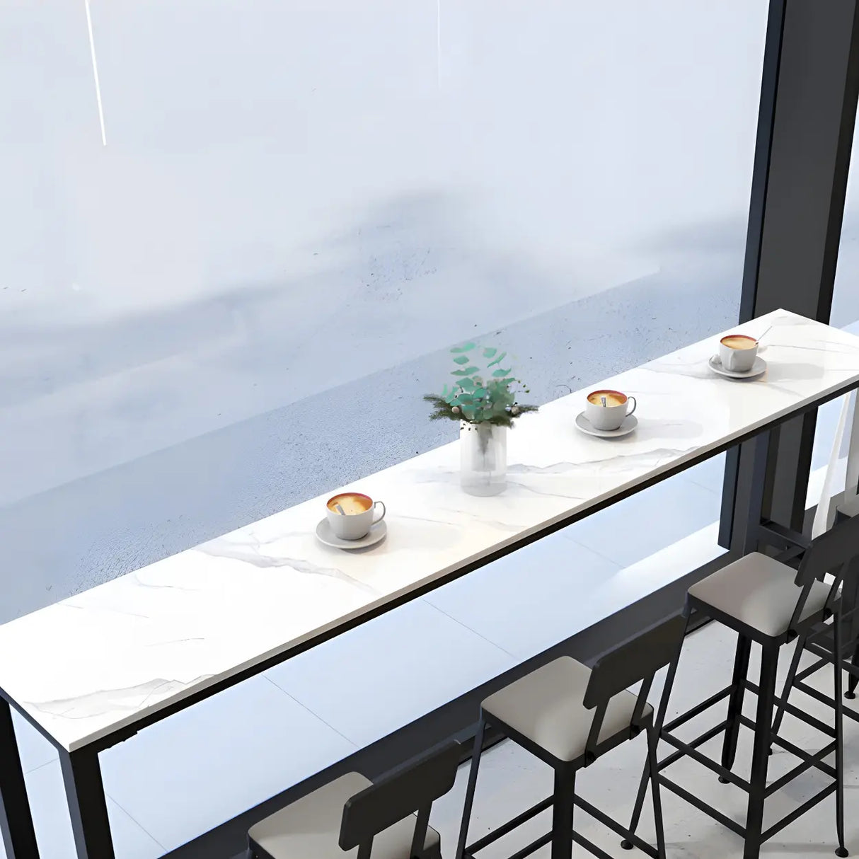 White Rectangular Long Tall Iron Marble Bistro Bar Table Image - 7