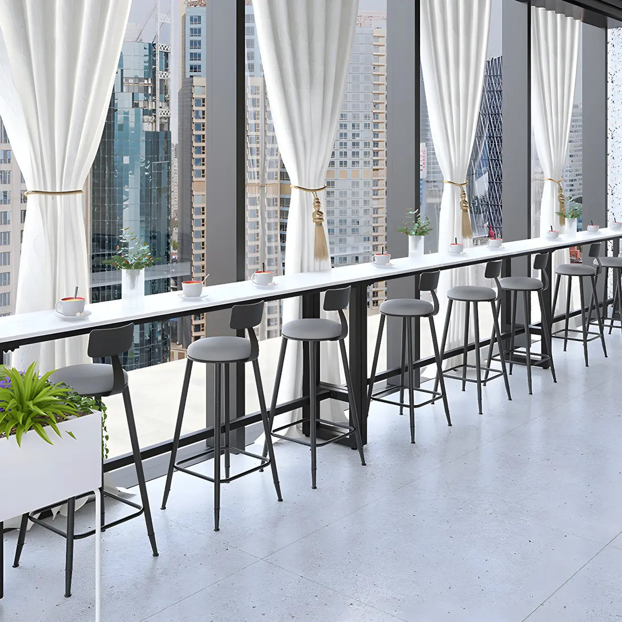 White Rectangular Long Tall Iron Marble Bistro Bar Table Image - 8