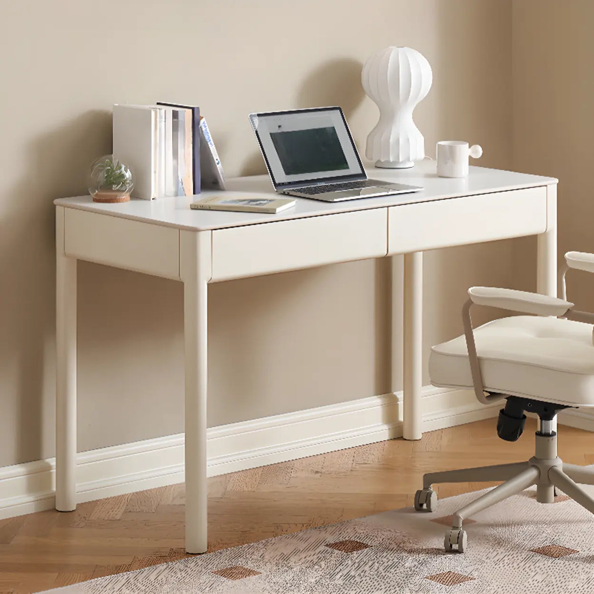White Rectangular Sintered Stone Desk with Drawers Image - 1