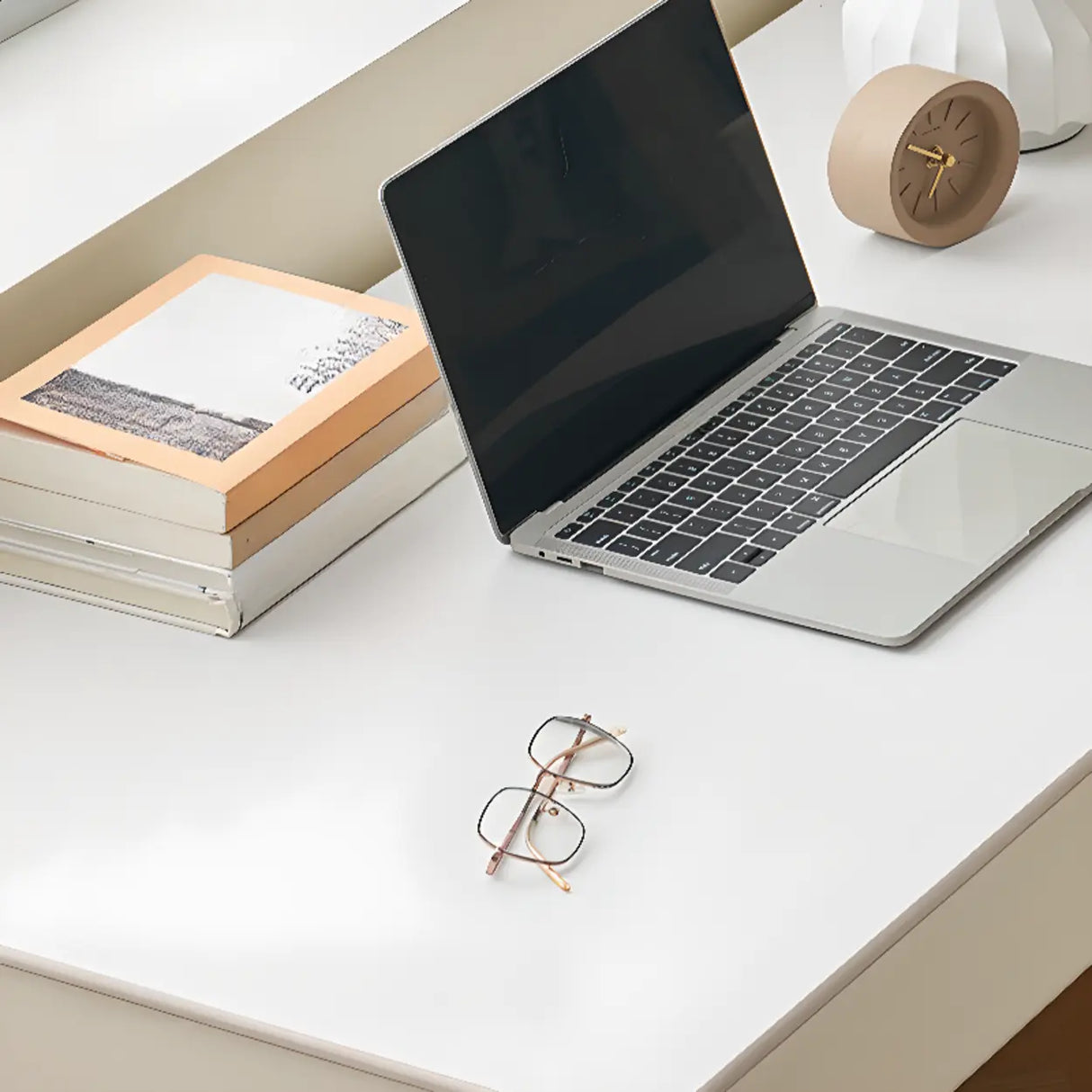 White Rectangular Sintered Stone Desk with Drawers Image - 12