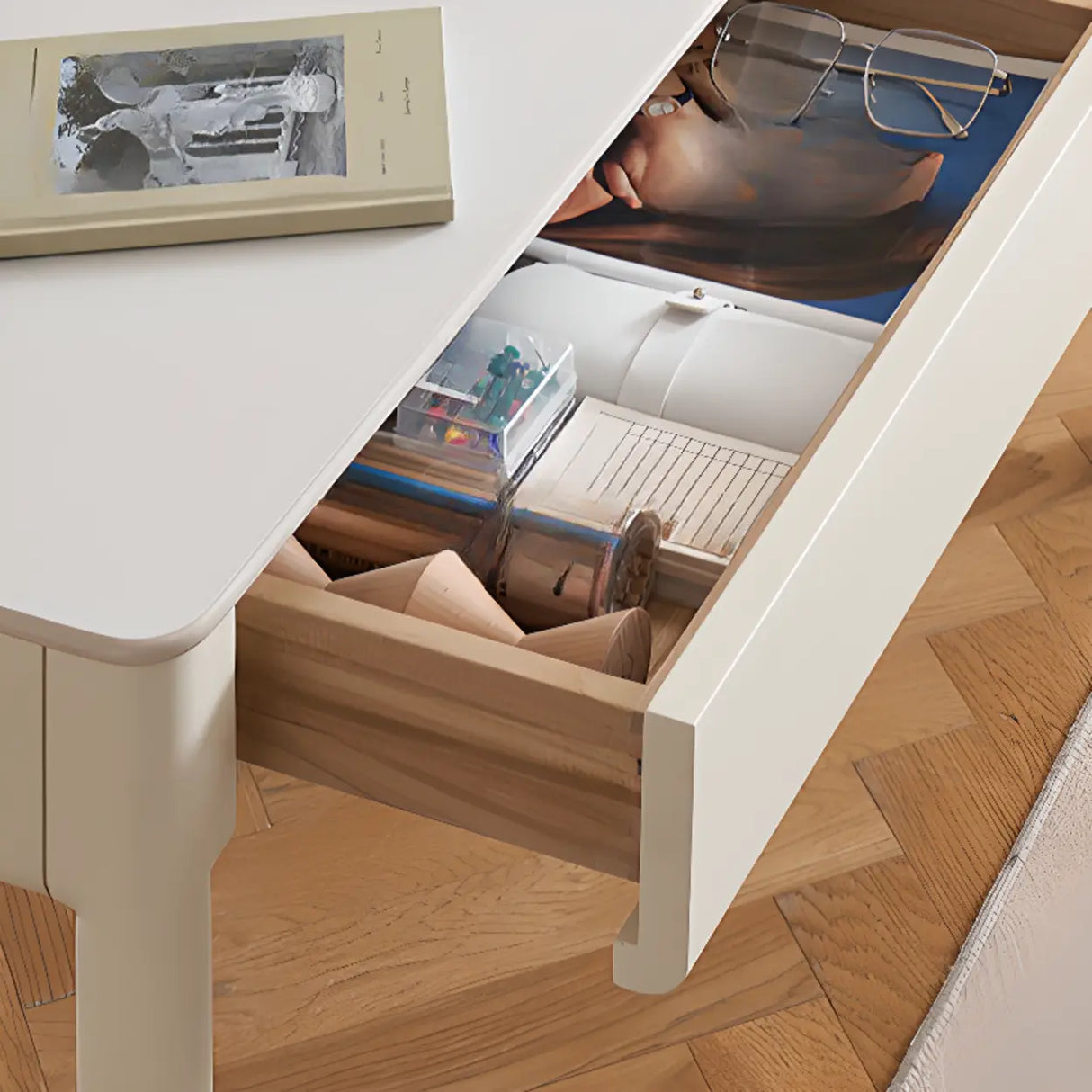 White Rectangular Sintered Stone Desk with Drawers Image - 15