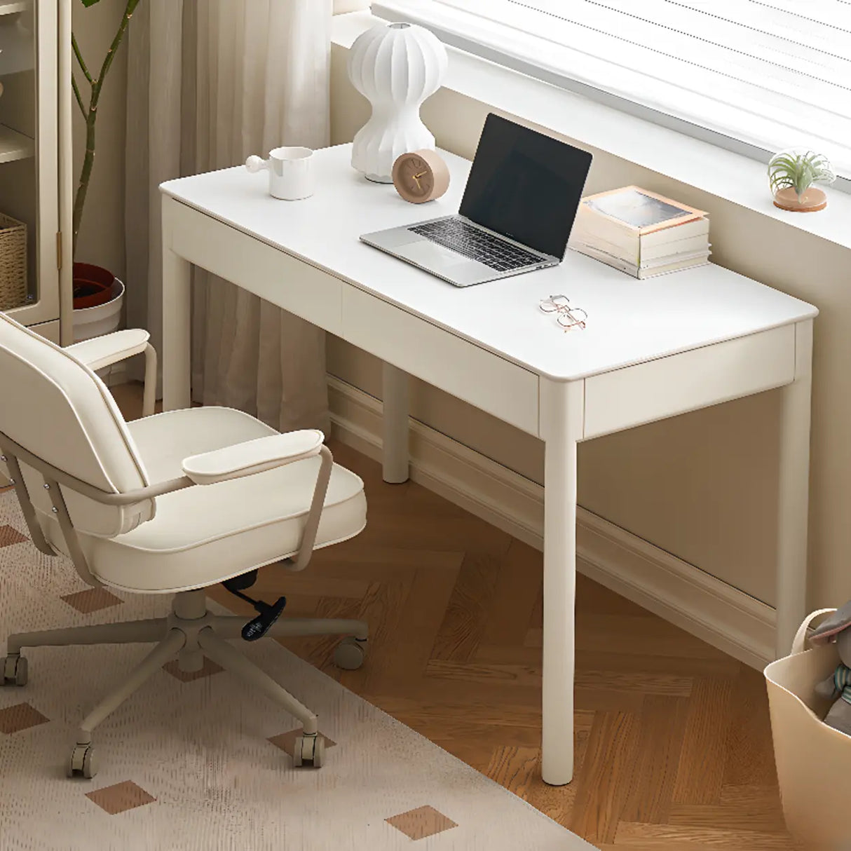 White Rectangular Sintered Stone Desk with Drawers Image - 20