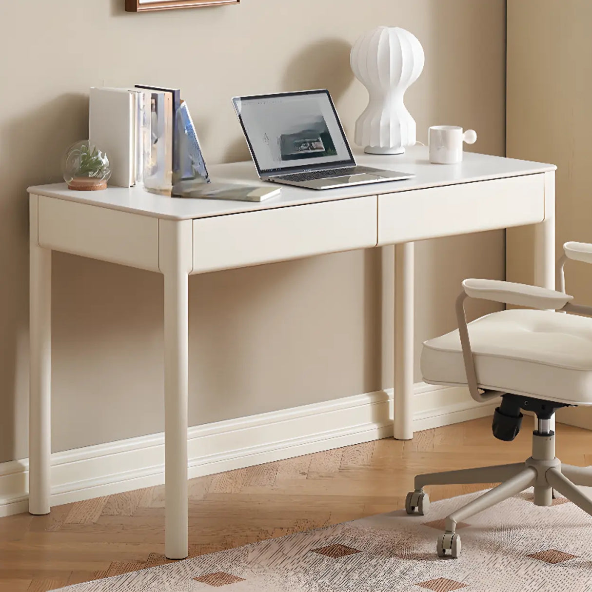 White Rectangular Sintered Stone Desk with Drawers Image - 21