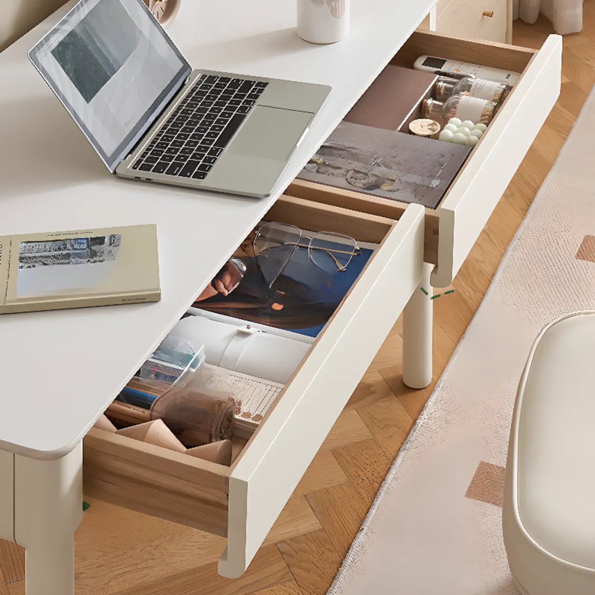 White Rectangular Sintered Stone Desk with Drawers Image - 4