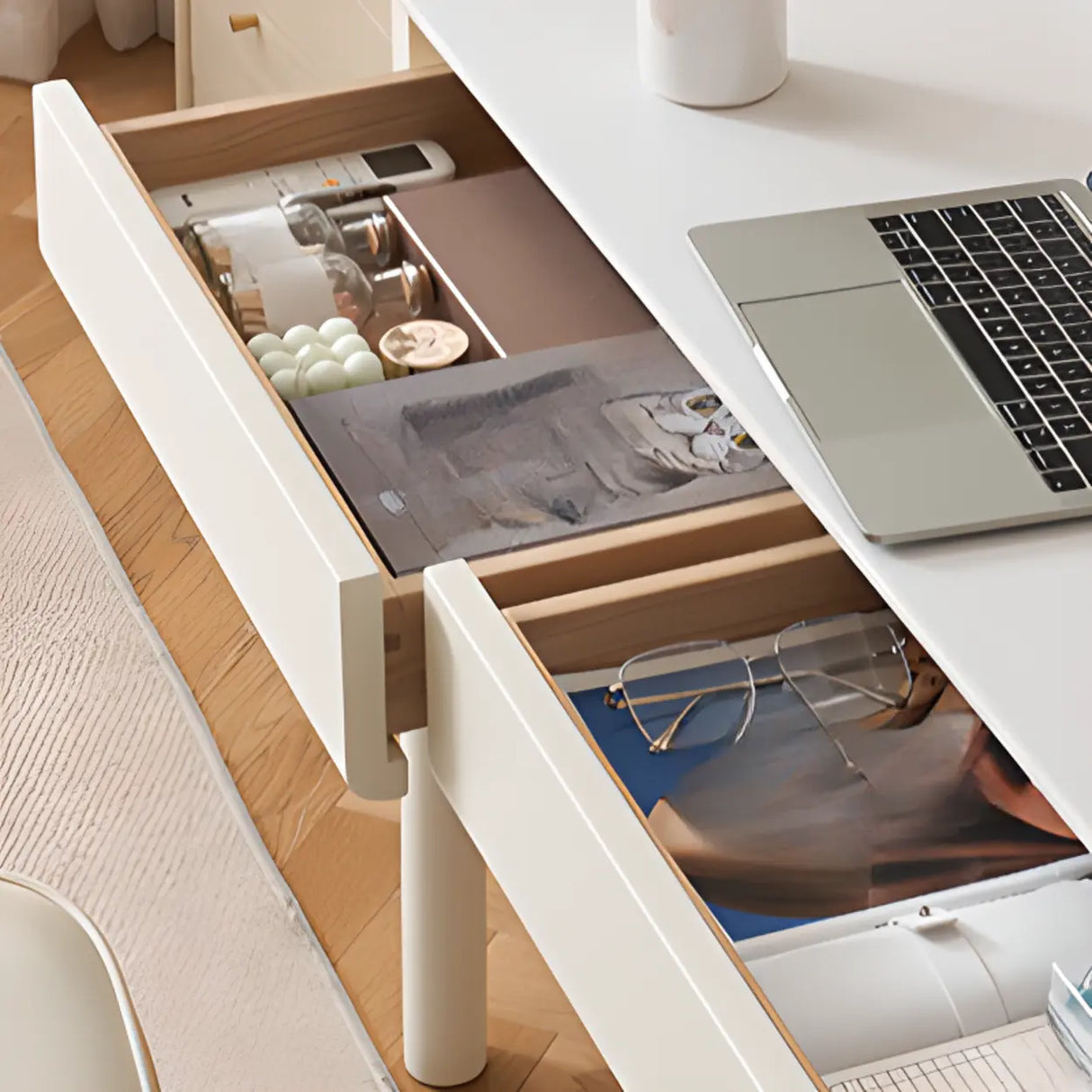 White Rectangular Sintered Stone Desk with Drawers Image - 7
