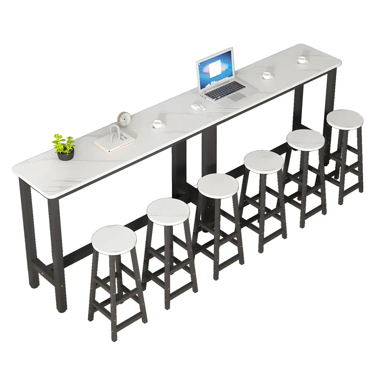 White Rectangular Wood Steel Long Bar Table With Footrest Image - 5