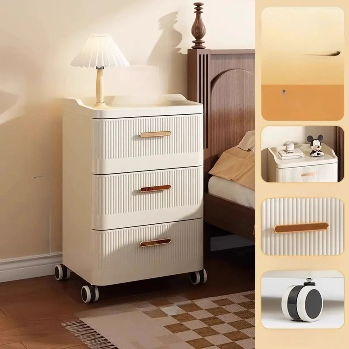 White Rolling Kids Nightstand with Drawers and Casters Image - 11