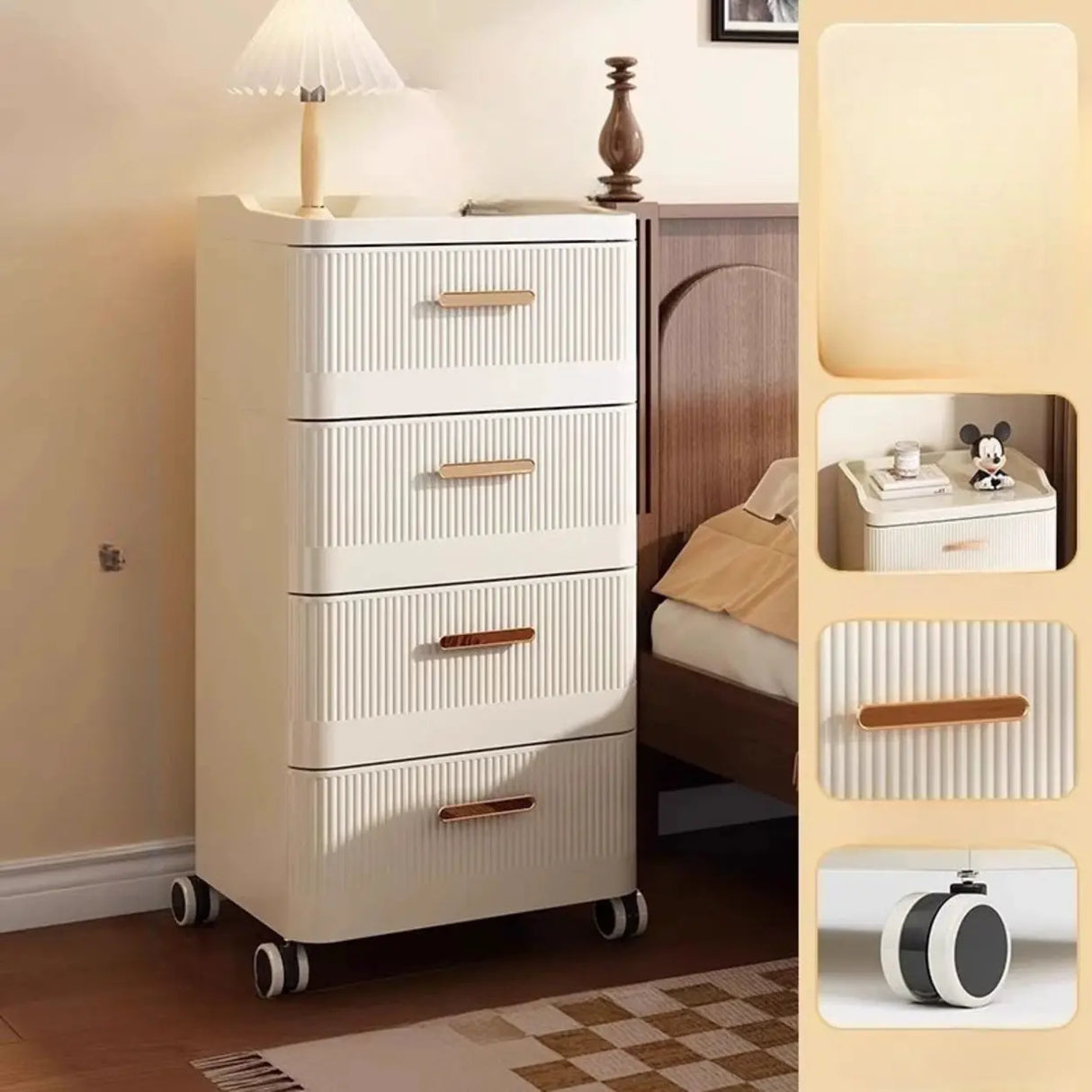 White Rolling Kids Nightstand with Drawers and Casters Image - 13