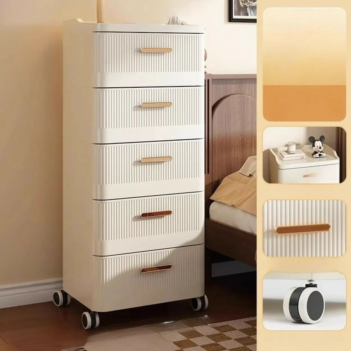 White Rolling Kids Nightstand with Drawers and Casters Image - 16