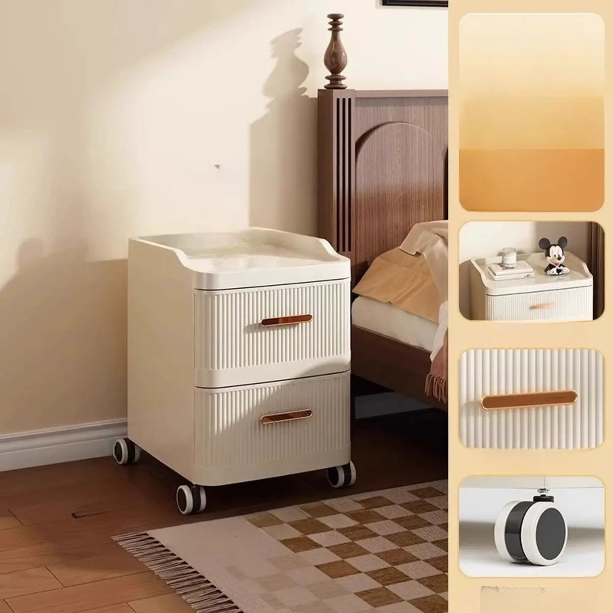 White Rolling Kids Nightstand with Drawers and Casters Image - 17