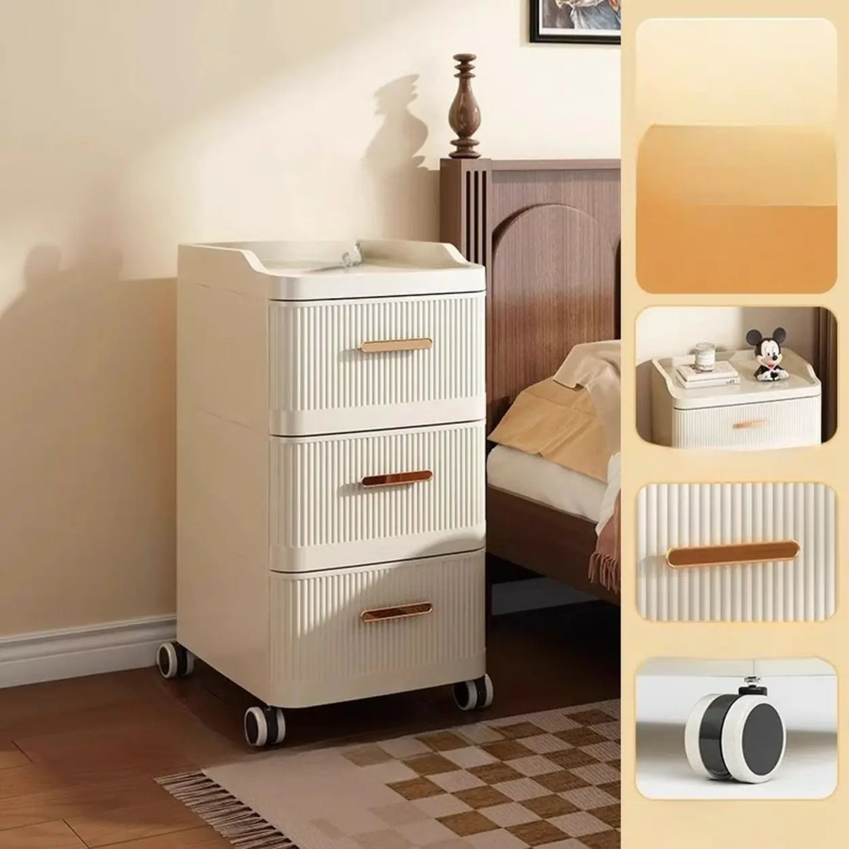 White Rolling Kids Nightstand with Drawers and Casters Image - 18