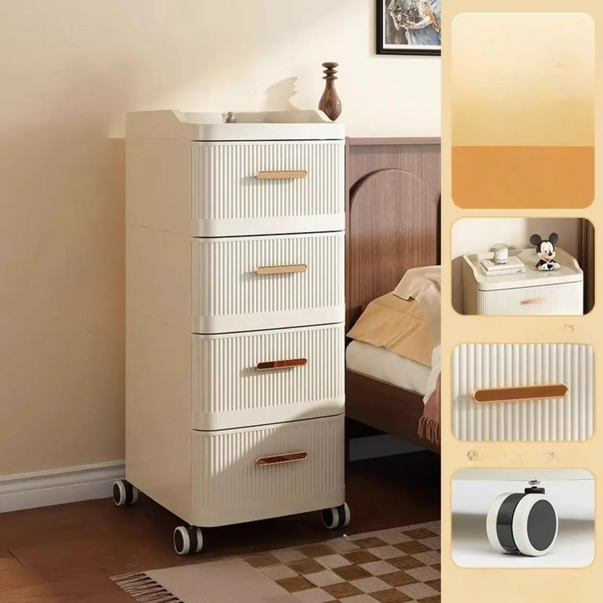 White Rolling Kids Nightstand with Drawers and Casters Image - 19