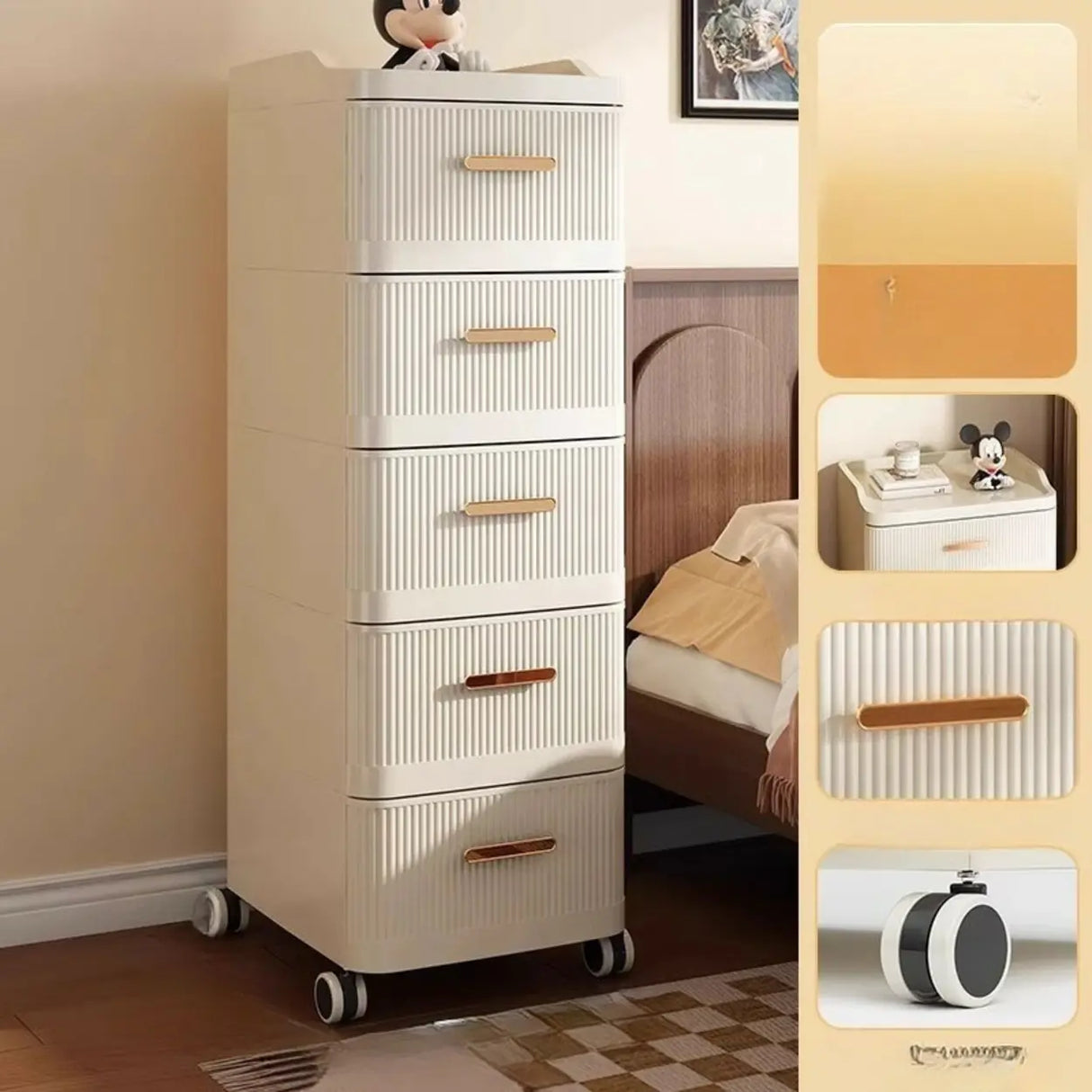 White Rolling Kids Nightstand with Drawers and Casters Image - 20