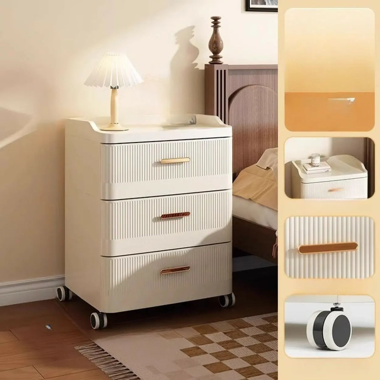 White Rolling Kids Nightstand with Drawers and Casters Image - 3