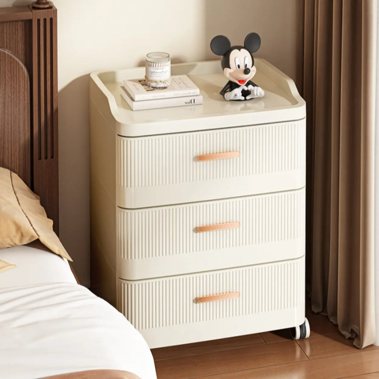 White Rolling Kids Nightstand with Drawers and Casters Image - 5