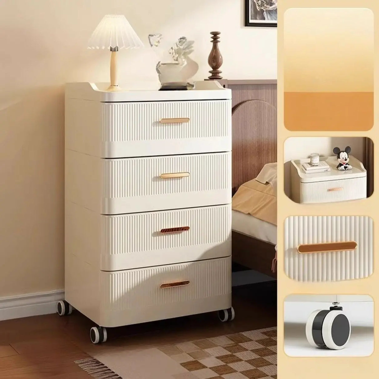 White Rolling Kids Nightstand with Drawers and Casters Image - 6
