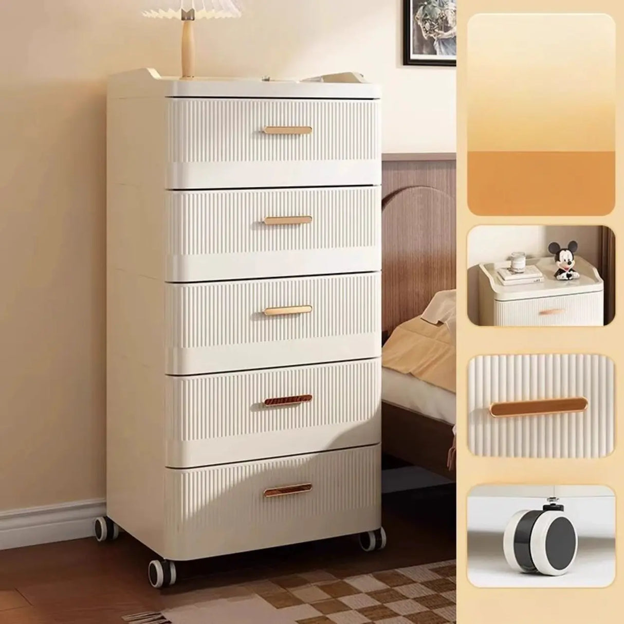 White Rolling Kids Nightstand with Drawers and Casters Image - 7