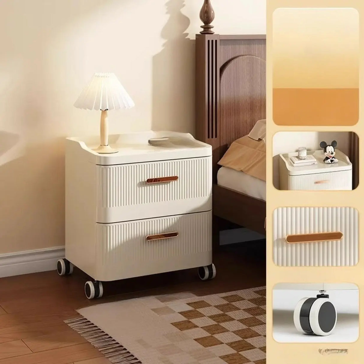White Rolling Kids Nightstand with Drawers and Casters Image - 9