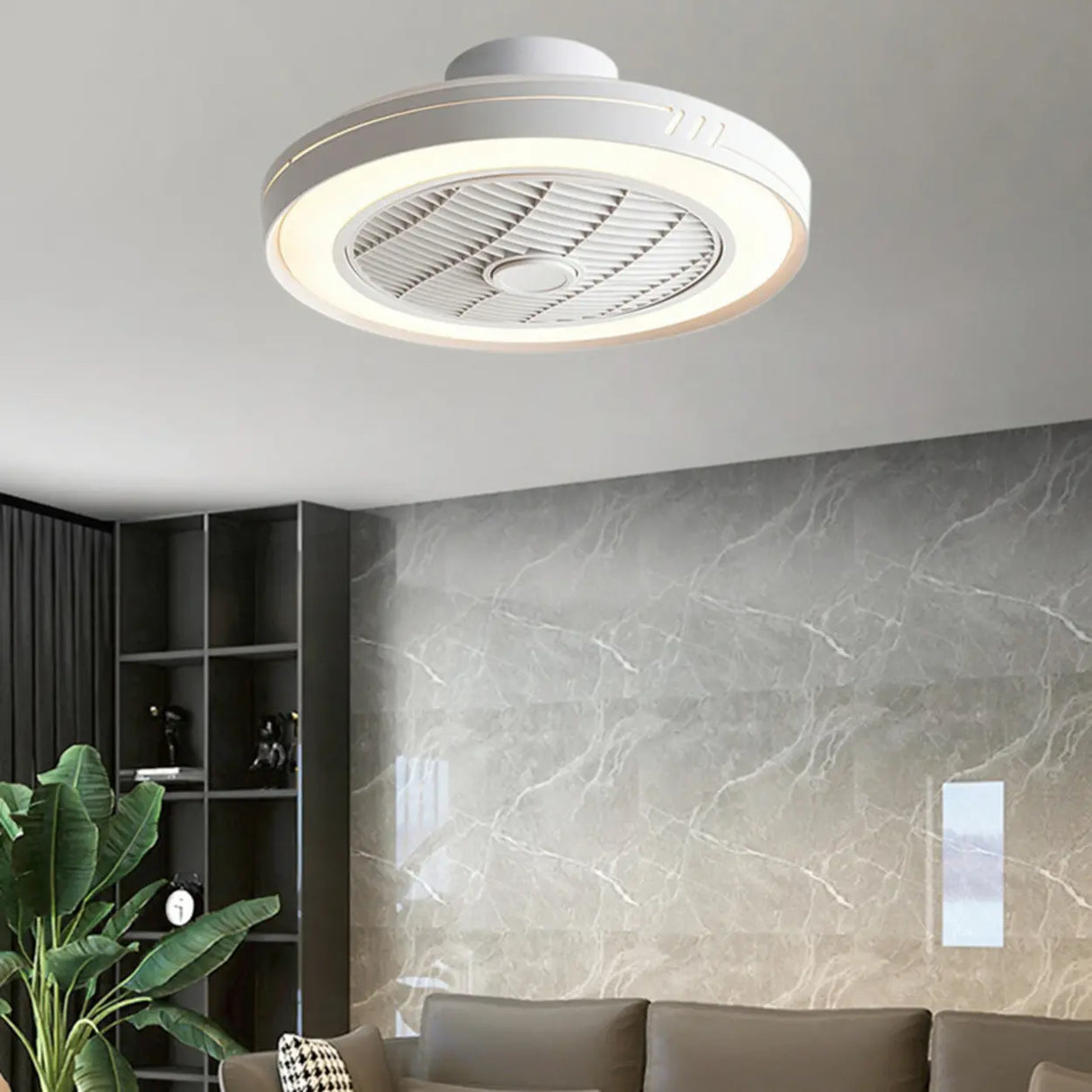 White Round Bladeless Modern Ceiling Fan with LED Light Image - 1