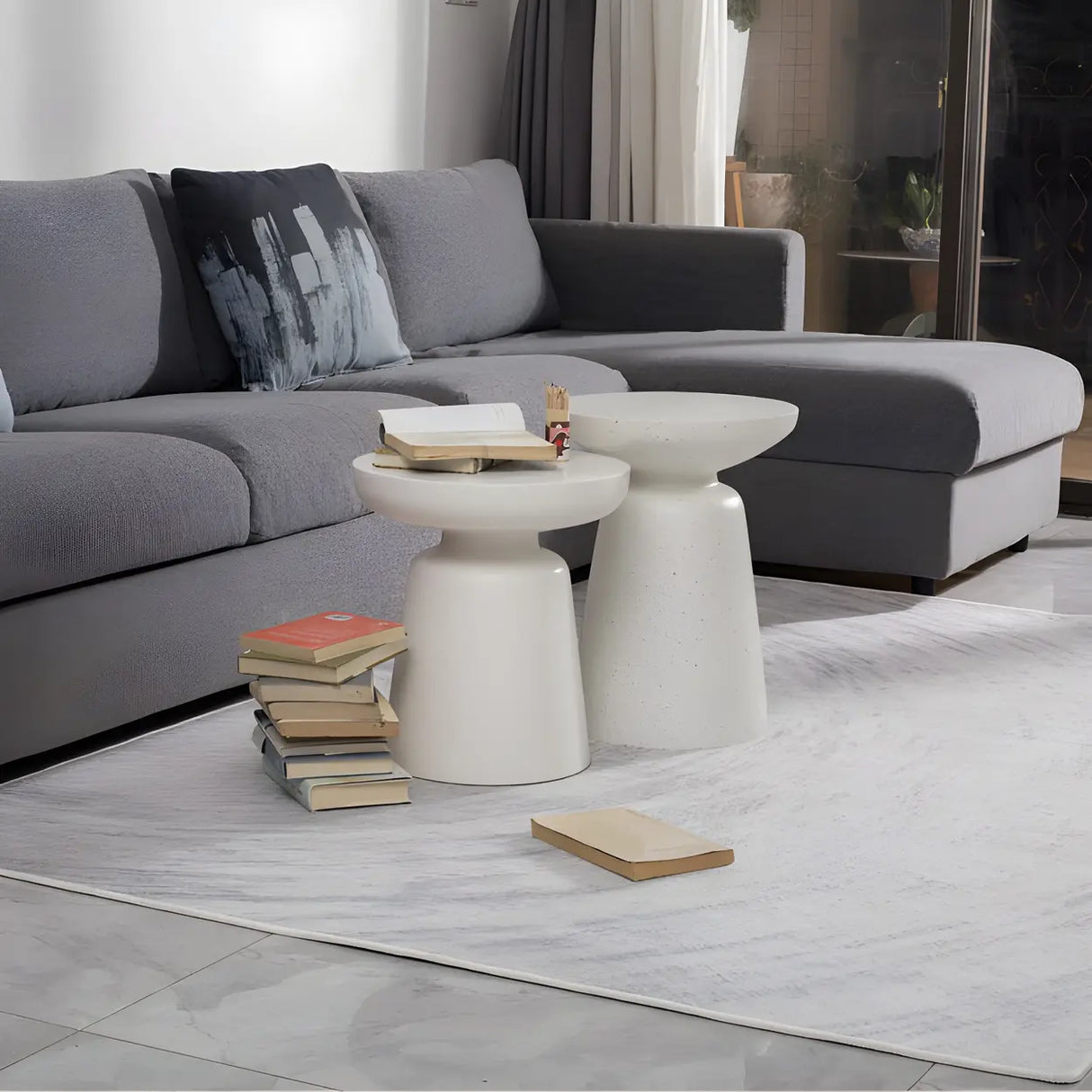White Round Fiberglass Drum Base Single Coffee Table Image - 16