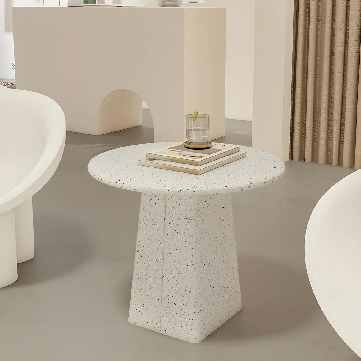 White Round Metal Cylinder Pedestal Base Single Table Image - 9