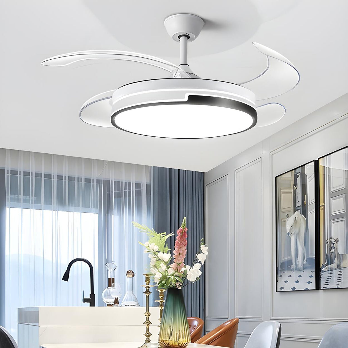 White Round Retractable Ceiling Fan with LED Light Image - 1