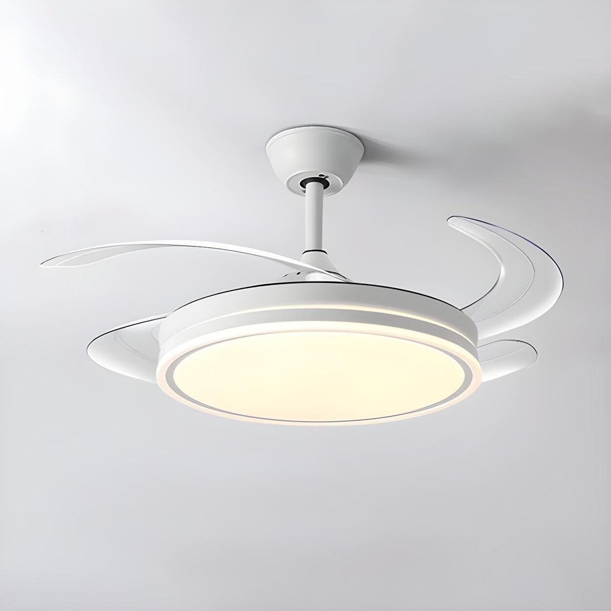 White Round Retractable Ceiling Fan with LED Light Image - 7