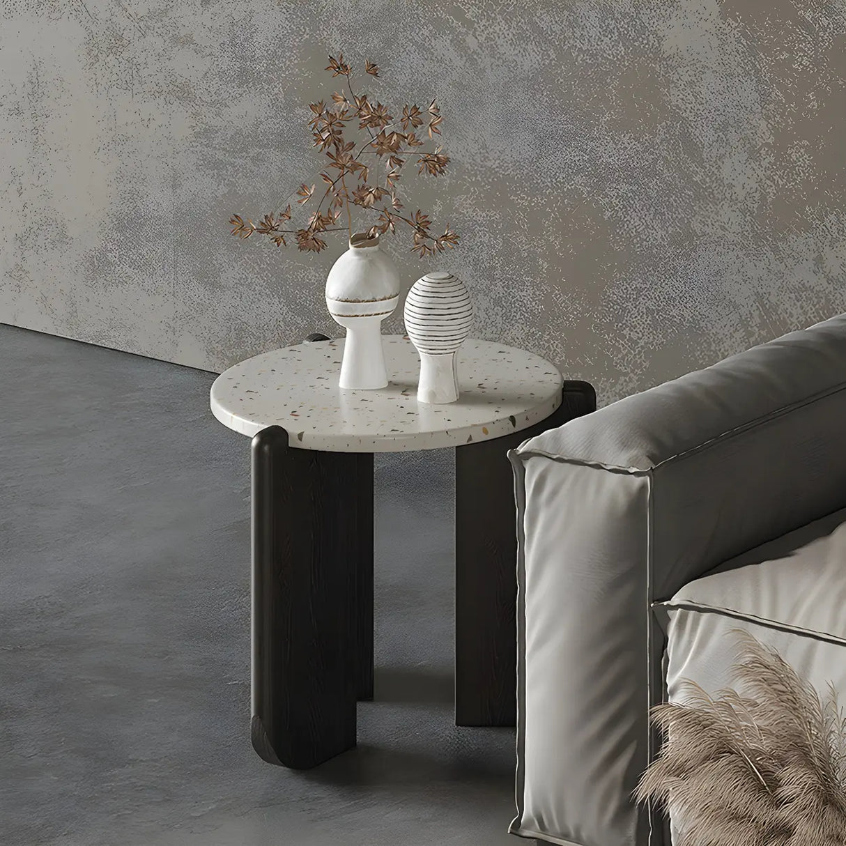 White Round Terrazzo Top Black Wood Base Coffee Table Image - 3