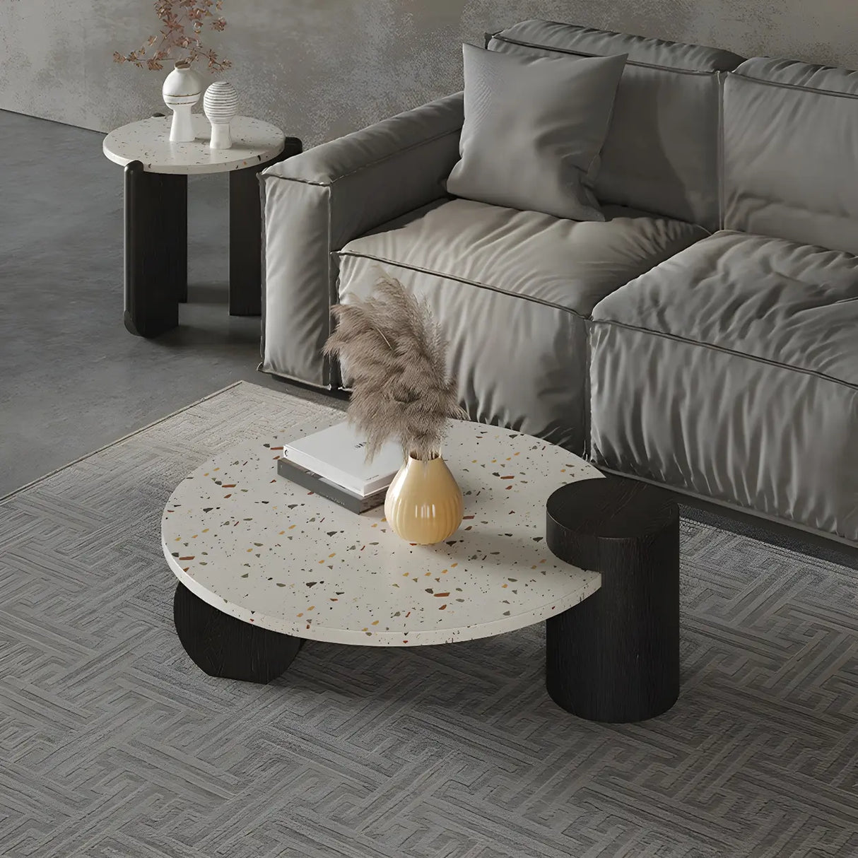 White Round Terrazzo Top Black Wood Base Coffee Table Image - 4