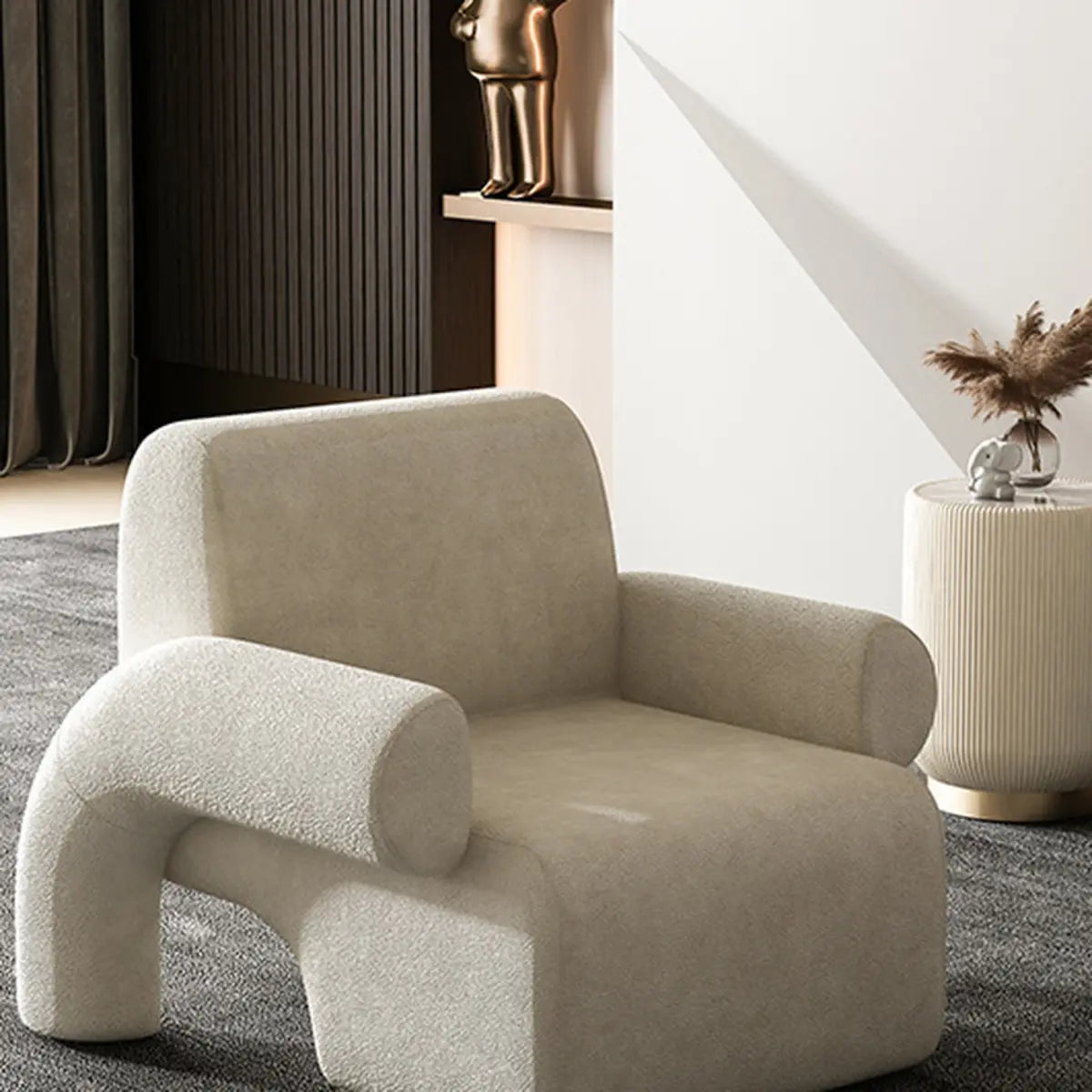 White Sherpa Fabric Fixed Back Low-Back Arm Chair Image - 1