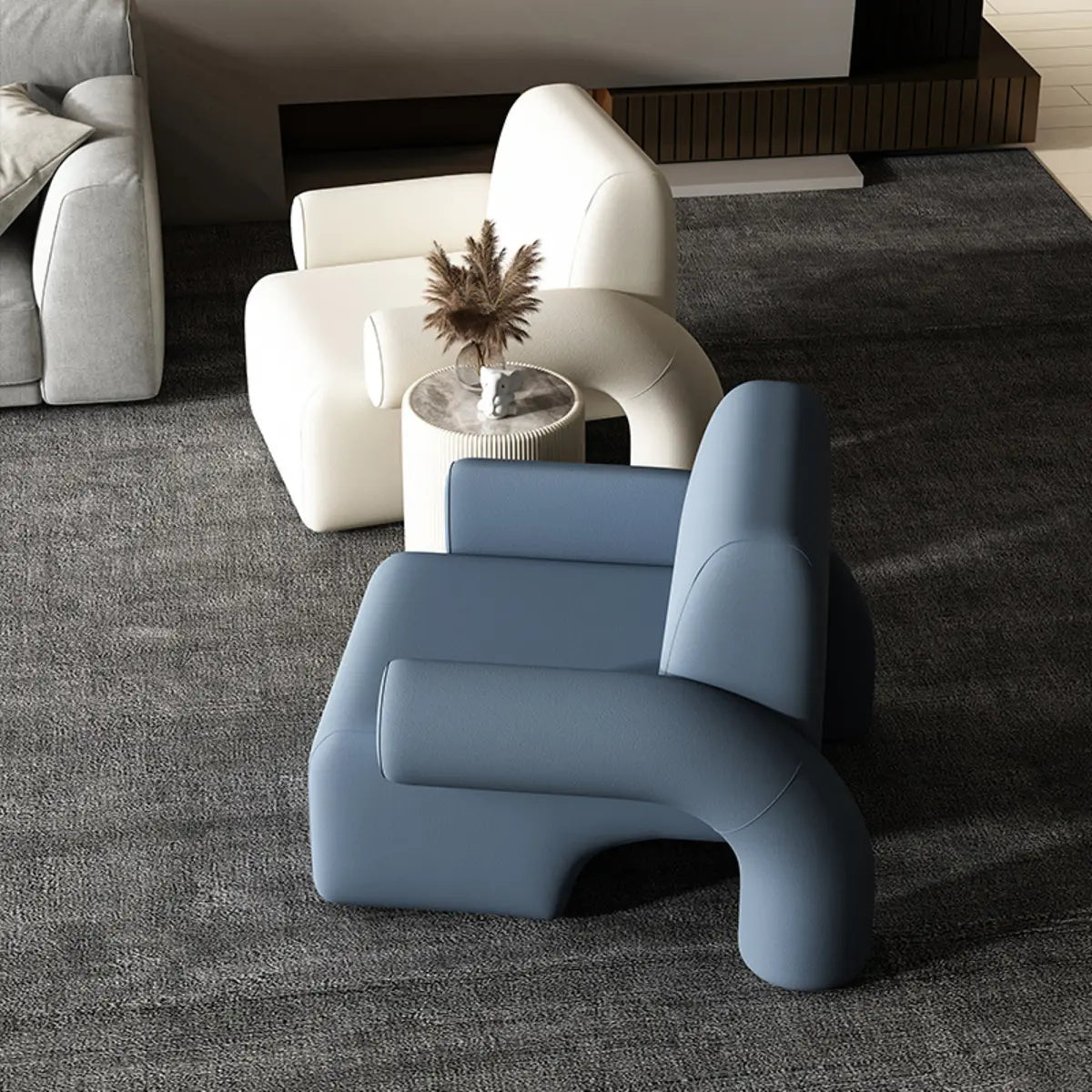 White Sherpa Fabric Fixed Back Low-Back Arm Chair Image - 3