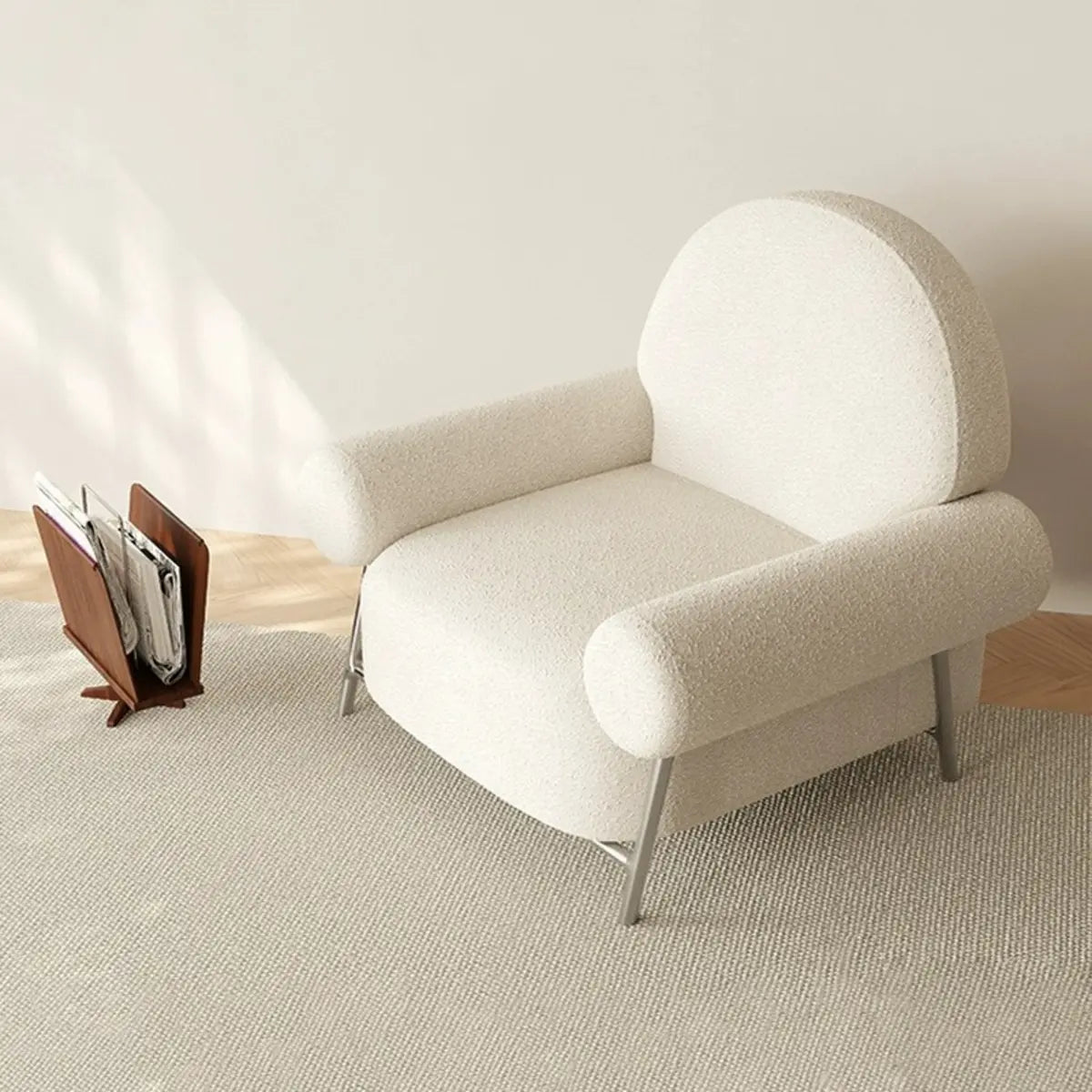 White Sherpa Fixed Back Arm Chair with Four Silver Legs Image - 1