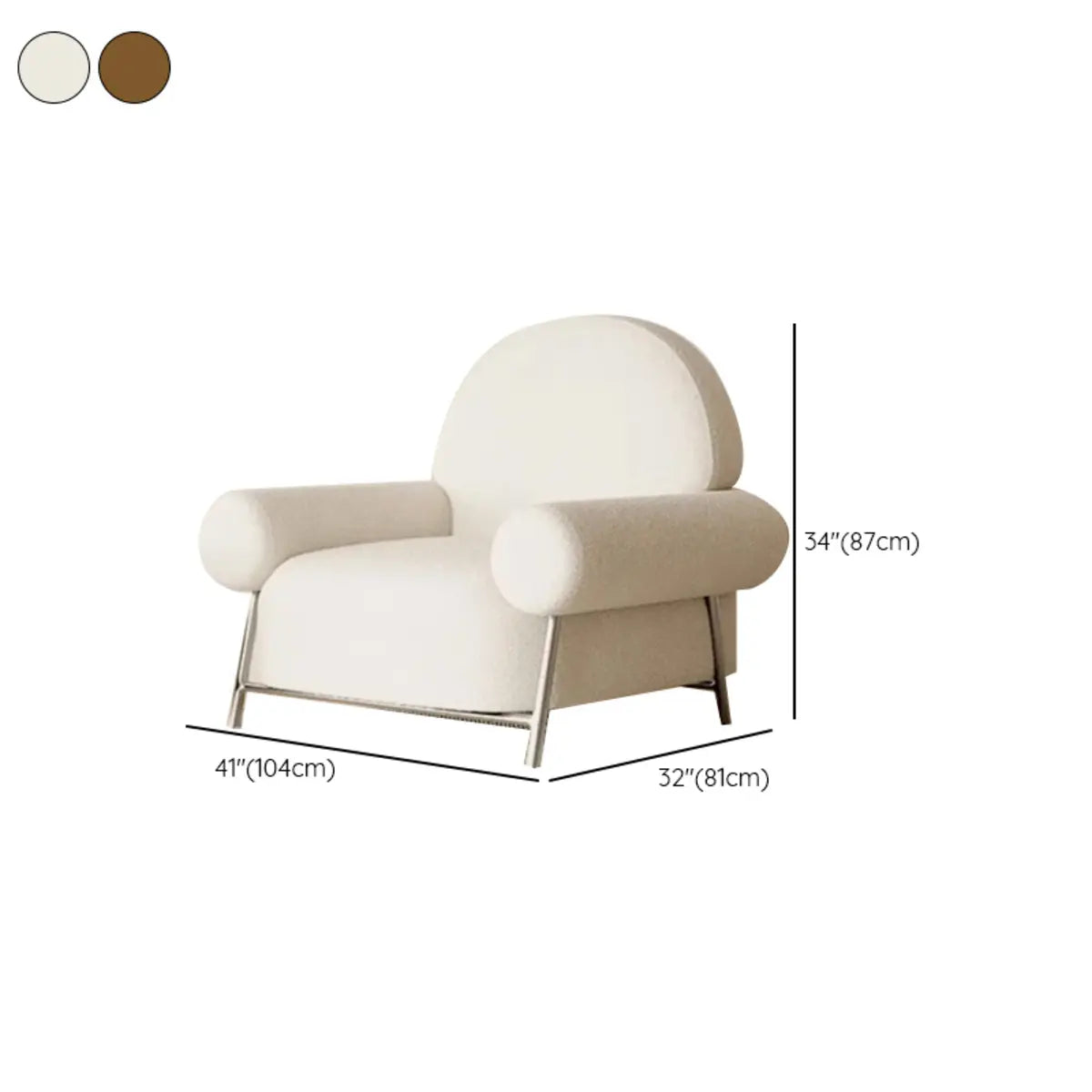 White Sherpa Fixed Back Arm Chair with Four Silver Legs 