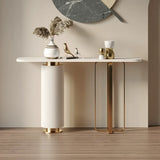 White Sintered Stone Console Table with Fluted Pedestal and Gold Metal Base Image - 1
