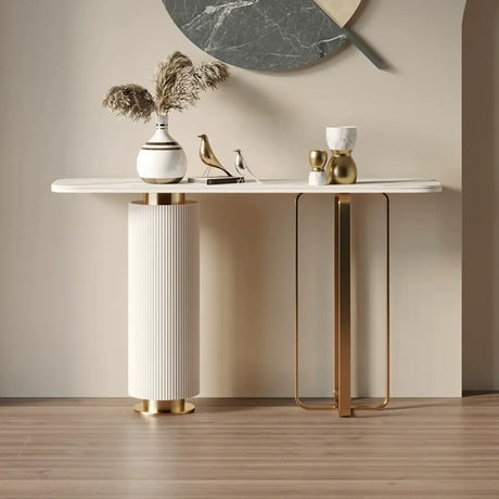 White Sintered Stone Console Table with Fluted Pedestal and Gold Metal Base Image - 1