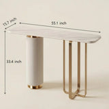 White Sintered Stone Console Table with Fluted Pedestal and Gold Metal Base Image - 10