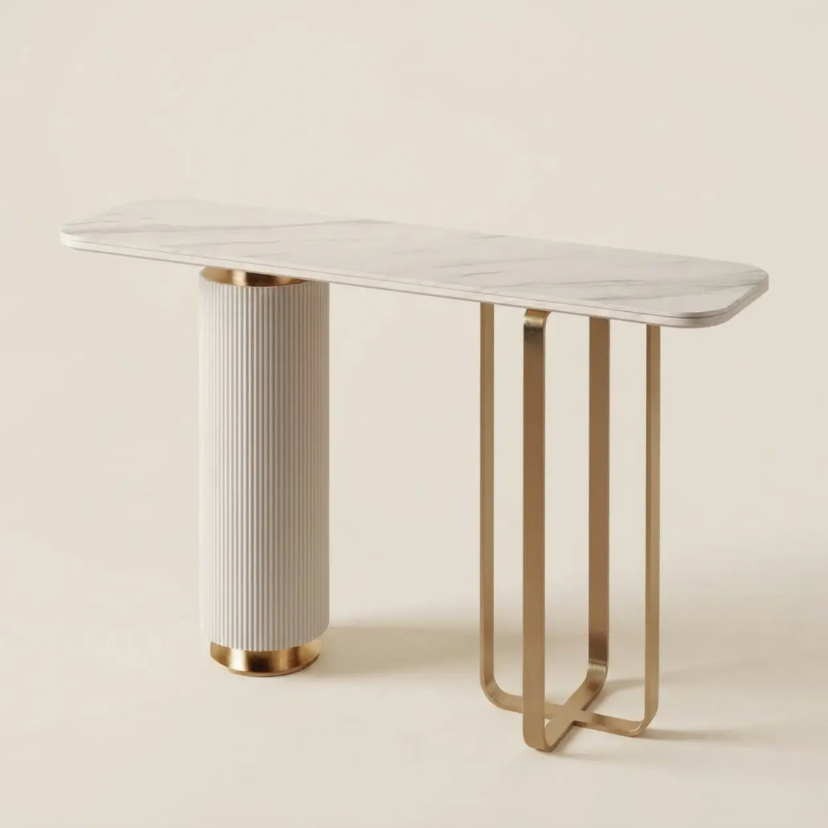 White Sintered Stone Console Table with Fluted Pedestal and Gold Metal Base Image - 2