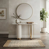 White Sintered Stone Console Table with Fluted Pedestal and Gold Metal Base Image - 3